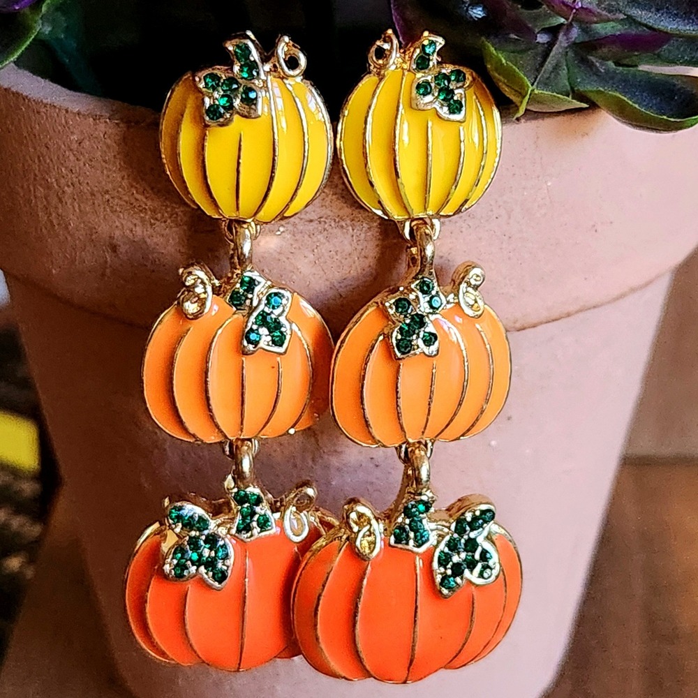 Orange Yellow Enamel Tiered Pumpkin Dangle Earrings Green Rhinestone Halloween